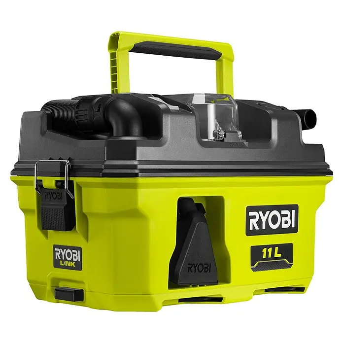 Ryobi ONE+ Akku-Nass-Trockensauger RV1811-0 - 18 V, Ohne Akku, Behältervolumen: 12 l - Das Bild zeigt einen gelb-schwarzen Ryobi 11L Akku-Nass-/Trockensauger mit Tragegriff. Ein vielseitiges Gerät für Reinigungsarbeiten.