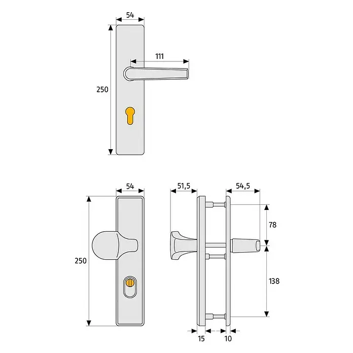 Abus Schutzbeschlag HLZS814 - Hauseingangstür, Aluminium, Knopf außen, Drücker innen, Stärke Tür: 52 mm - 72 mm - Technische Zeichnung eines Türdrückers mit Maßen. Details zu Länge, Breite und Tiefe für die Installation der Türklinke.