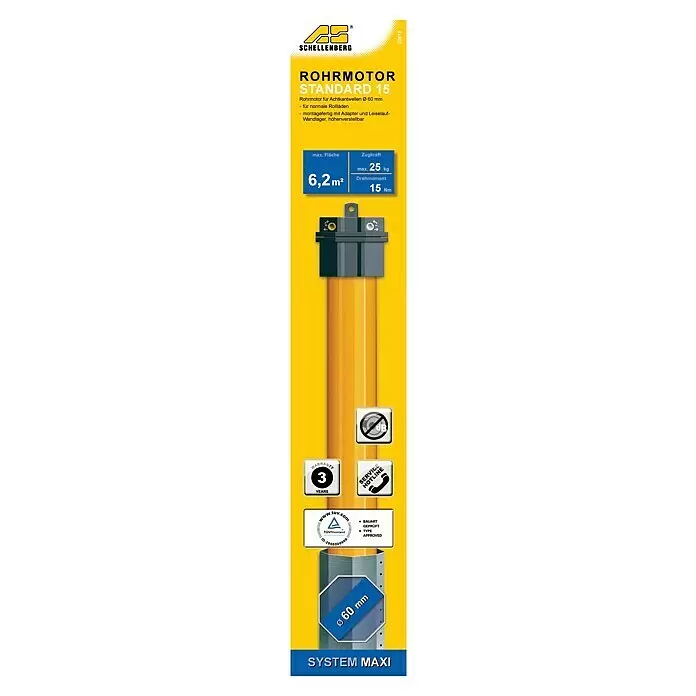 Schellenberg Motor tubular Maxi Standard - Superficie de persiana enrollable máx.: 6,2 m² para persianas de plástico, Longitud de instalación: 500 mm, Fuerza de tracción: 25 kg - Motor tubular Schellenberg Standard 15 para persianas, ejes octogonales de 60mm, 15 Nm de par, 25 kg de fuerza.