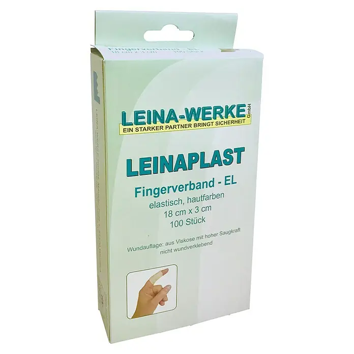 Leina-Werke Fingerverband - 100 Stk., 18 x 3 cm, Elastisch - Produktfoto von LEINAPLAST Fingerverband-EL, elastisch, hautfarben, 18 cm x 3 cm, 100 Stück, zur Wundversorgung.