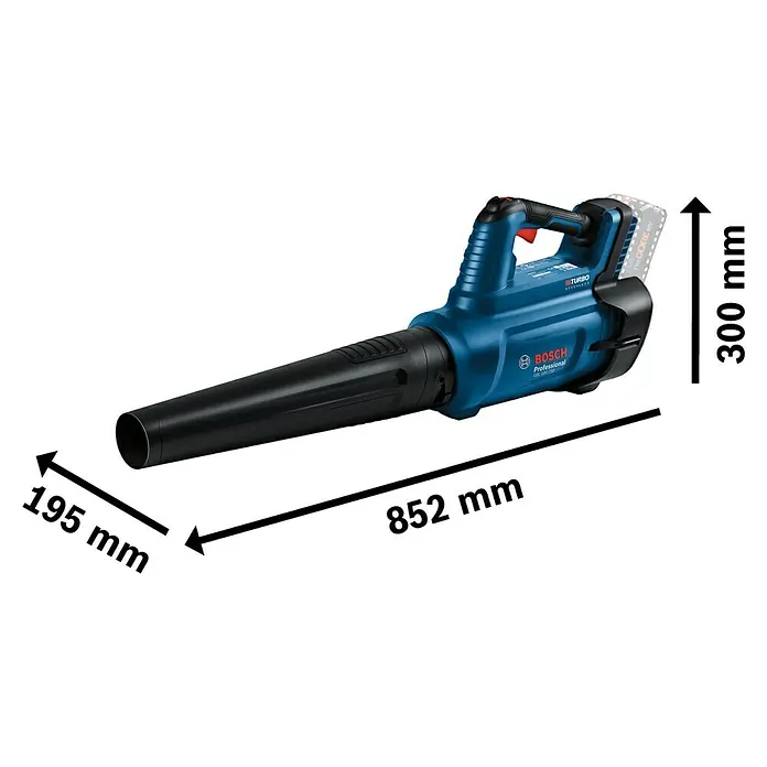 Bosch Professional AMPShare 18V Akku-Gebläse GBL 18V-750 - 18 V, Ohne Akku, Blasgeschwindigkeit: 198 km/h - Abbildung eines Bosch Akku-Blasgeräts GBL 18V-750 mit Maßangaben.