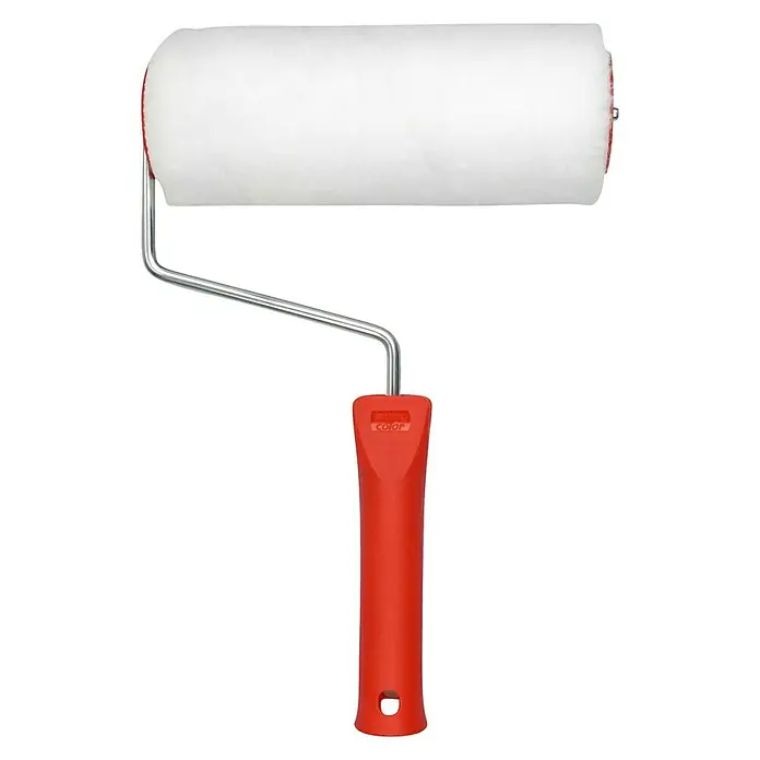 swingcolor Komfort Farbroller - Breite Walze: 18 cm, Bügelstärke: 6 mm, Florhöhe: 10 mm - Ein Farbwisch mit weißer Walze und rotem Griff. Das Werkzeug ist für das Auftragen von Farbe auf Oberflächen konzipiert.