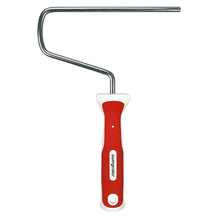 swingcolor Premium Farbroller-Bügel 2K - Bügelstärke: 8 mm, Geeignet für: Walzen 25 cm - Nahaufnahme eines Farbrollerbügels mit rotem Griff. Ideal für gleichmäßiges Auftragen von Farbe und Lacken auf verschiedenen Oberflächen.