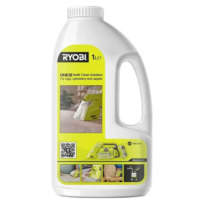 Ryobi ONE+ Textilreiniger - Nettovolumen: 1 l, Passend für: RDC18-0 - Eine 1-Liter-Flasche Ryobi ONE+ Swift Clean Reinigungslösung für Teppiche, Polster und Autositze mit Reinigungsanleitung auf dem Etikett.