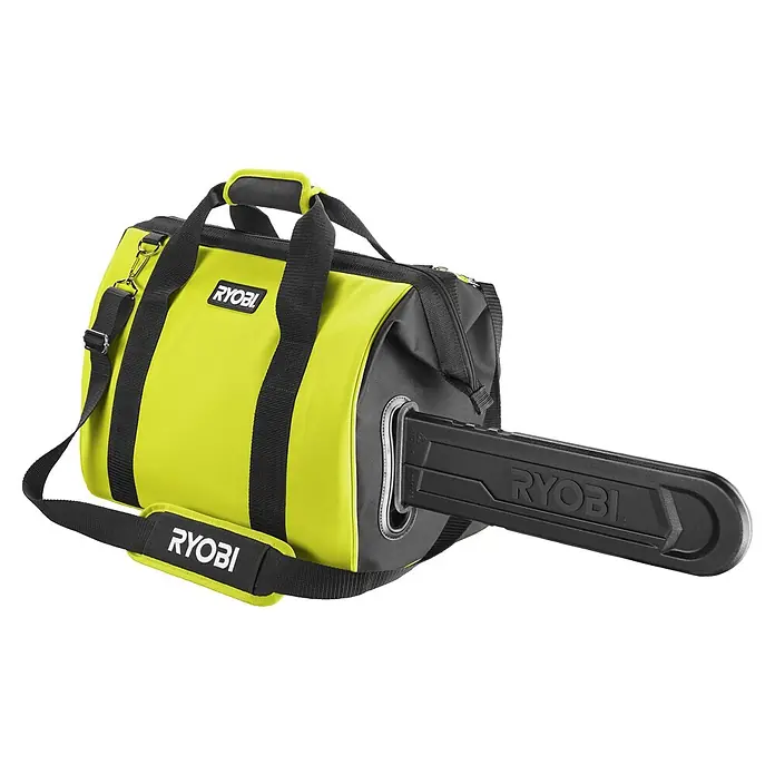 Ryobi Aufbewahrungstasche RAC256 - Passend für: 18 V und 36 V Ryobi Kettensägen - Tragetasche für Kettensäge der Marke Ryobi in Gelb und Schwarz, die eine schwarze Kettensägenschutzhülle enthält.