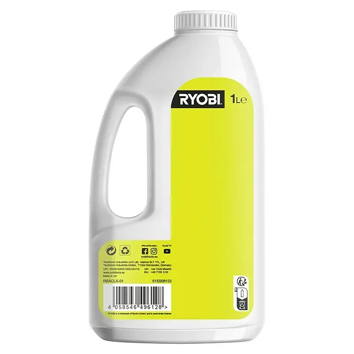 Ryobi ONE+ Textilreiniger - Nettovolumen: 1 l, Passend für: RDC18-0 - Bild einer 1-Liter-Flasche Ryobi-Reinigungslösung, ideal für die Pflege und Wartung von Gartengeräten.