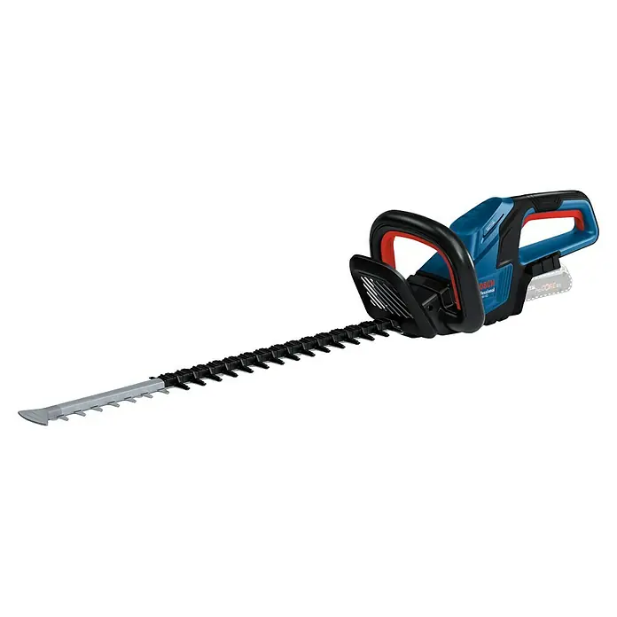 Bosch Professional AMPShare 18V Akku-Heckenschere GHE 18V-60 - 18 V, Ohne Akku, Schnittlänge: 60 cm - Eine Akku-Heckenschere von Bosch Professional mit blauem Gehäuse, rotem Griff und langem Schneideblatt vor einem schwarzen Hintergrund.