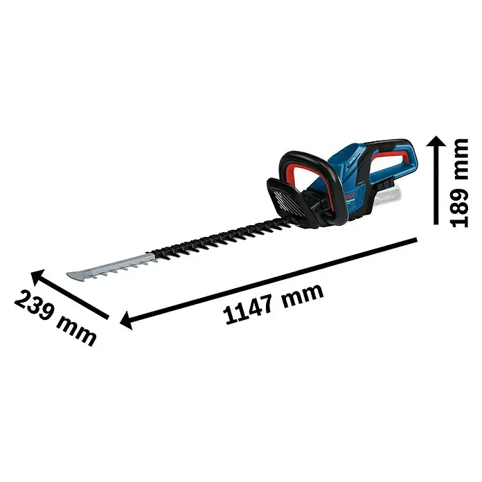 Bosch Professional AMPShare 18V Akku-Heckenschere GHE 18V-60 - 18 V, Ohne Akku, Schnittlänge: 60 cm - Das Bild zeigt eine blaue Bosch Akku-Heckenschere mit den Maßen 1147 mm Länge, 239 mm Breite und 189 mm Höhe.