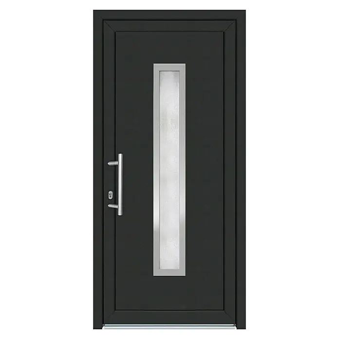 Panto Haustür Elbe K 016 - 110 x 210 cm, DIN Anschlag: Links, Anthrazit/Weiß - Elegante, moderne Haustür in Anthrazit mit einem schmalen, länglichen Glaseinsatz und einem silbernen Türgriff. Stilvolles Design für jeden Eingangsbereich.