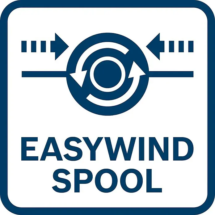 Bosch Professional AMPShare 18V Akku-Rasentrimmer GRT 18V-33 - 18 V, Ohne Akku - Symbol für die EasyWind Spule mit Pfeilen, die die einfache Aufwicklung andeuten, und dem Schriftzug "EASYWIND SPOOL".