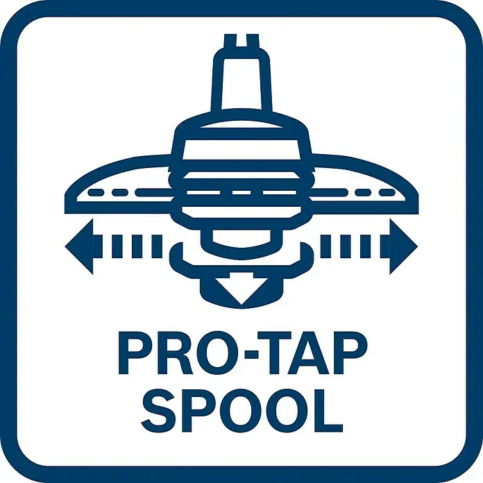 Bosch Professional AMPShare 18V Akku-Rasentrimmer GRT 18V-33 - 18 V, Ohne Akku - Illustration einer Pro-Tap-Spule mit Hinweisen zur Fadenverlängerung für Rasentrimmer, um ein einfaches Nachfüllen zu gewährleisten.