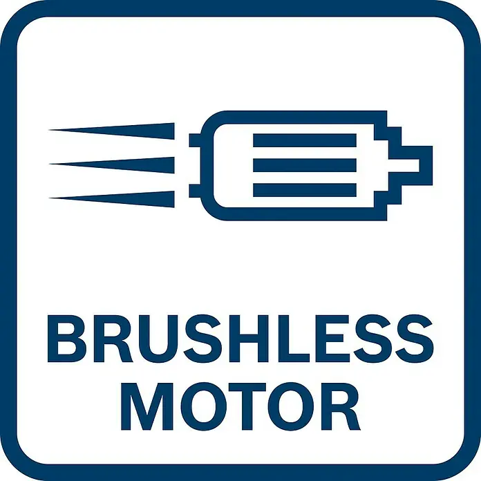Bosch Professional AMPShare 18V Akku-Rasentrimmer GRT 18V-33 - 18 V, Ohne Akku - Symbol für einen bürstenlosen Motor, hervorgehoben in einem blauen Rahmen, der die Technologie für Elektrowerkzeuge oder Geräte darstellt.