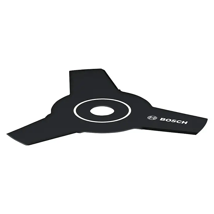 Bosch Professional Ersatzmesser für Freischneider - Passend für: GRT 18V-33 / GFR 18V-23, Schnittbreite: 23 cm - Nahaufnahme einer Bosch-Rasentrimmerklinge mit drei Zähnen, die für effizientes Schneiden und Langlebigkeit konzipiert ist.