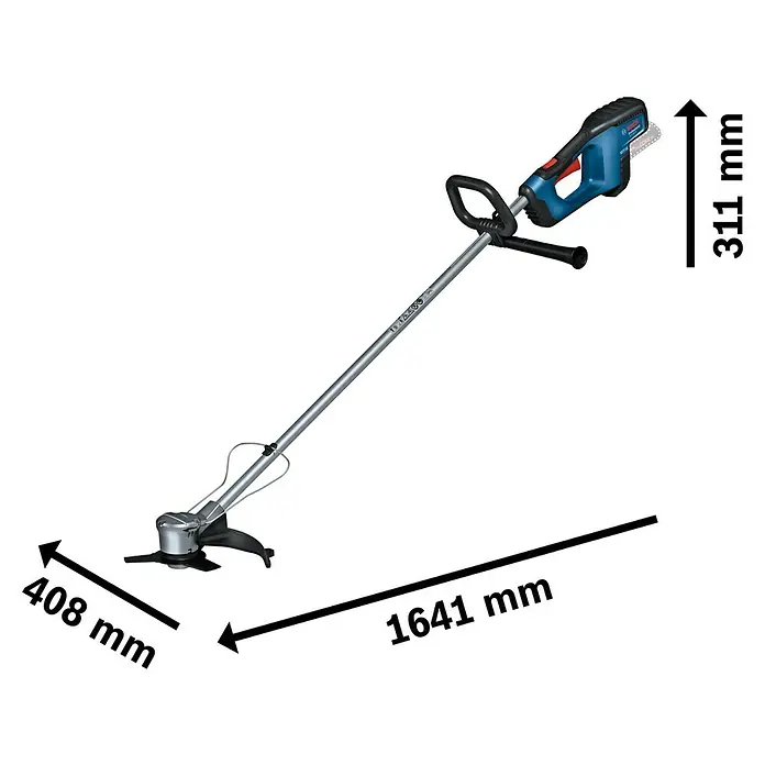 Bosch Professional AMPShare 18V Akku-Freischneider GFR 18V-23 - 18 V, Ohne Akku, Schnittbreite Messer: 23 cm - Bild einer Bosch Akku-Grasschere mit den Maßen 408 mm x 1641 mm x 311 mm.