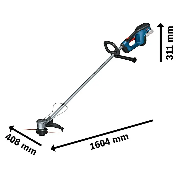 Bosch Professional AMPShare 18V Akku-Rasentrimmer GRT 18V-33 - 18 V, Ohne Akku - Darstellung eines Bosch Akku-Rasentrimmers mit den Maßen 408 mm, 1604 mm und 311 mm.