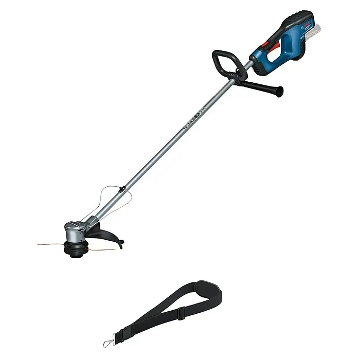 Bosch Professional AMPShare 18V Akku-Rasentrimmer GRT 18V-33 - 18 V, Ohne Akku - Das Bild zeigt einen Akku-Rasentrimmer mit Tragegurt von Bosch, ideal für die Gartenpflege.
