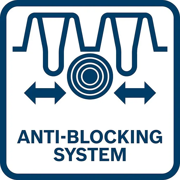 Bosch Professional AMPShare 18V Akku-Heckenschere GHE 18V-50 - 18 V, Ohne Akku, Schnittlänge: 50 cm - Symbol für ein Anti-Blockier-System. Es zeigt einen Mechanismus und Pfeile, die Bewegung anzeigen, um Blockaden zu verhindern.