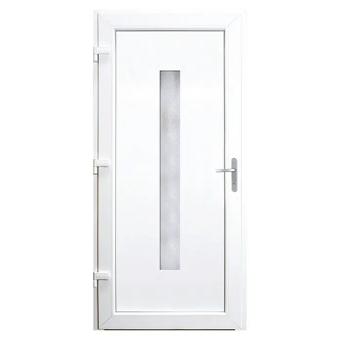 Panto Haustür Elbe K 016 - 110 x 210 cm, DIN Anschlag: Links, Anthrazit/Weiß - Weiße Haustür mit senkrechtem Glaseinsatz und silbernem Griff. Die Tür ist modern und hell.