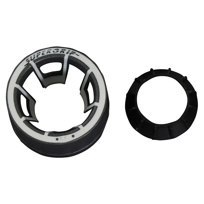 Schirmständer - Durchmesser: 40 cm, Für Rohrdurchmesser: 19 mm - 38 mm, 20 kg, Anthrazit - Nahaufnahme von zwei schwarzen Super-Grip-Hülsen mit weißen Akzenten, die eine verbesserte Griffigkeit bieten.
