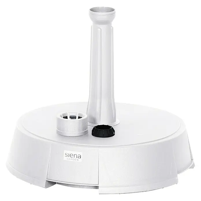 Schirmständer - Durchmesser: 40 cm, Für Rohrdurchmesser: 19 mm - 38 mm, 20 kg, Weiß - Ein weißer Siena Garden Sonnenschirmständer mit verschiedenen Aufsätzen auf einer schwarzen Oberfläche.