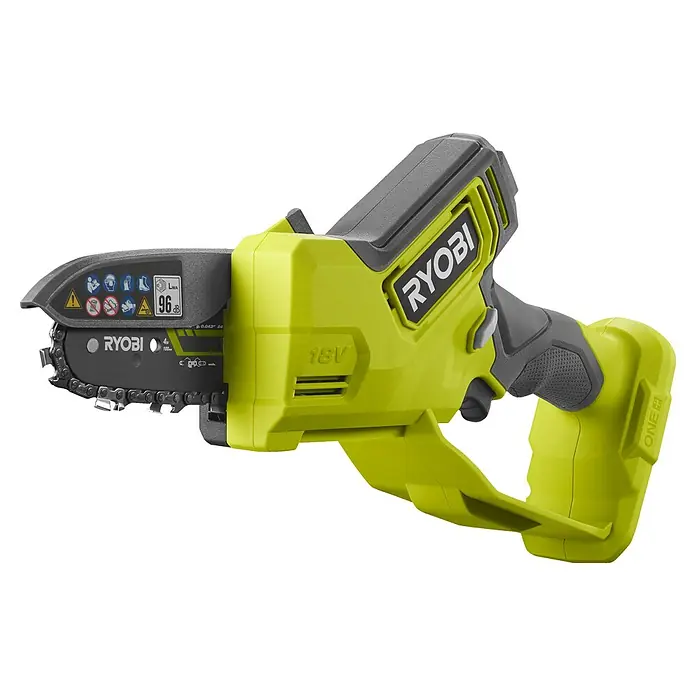 Ryobi ONE+ Akku-Astsäge RY18PSX10A-0 - 18 V, Li-Ionen, Ohne Akku, Schwertlänge: 10 cm - Bild einer Akku-Kettensäge von Ryobi, die sich für den Garten eignet und über eine lange Akkulaufzeit und einfache Handhabung verfügt.