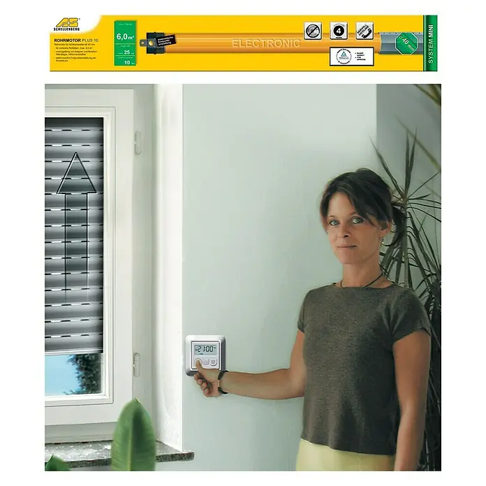 Schellenberg Motor tubular Mini Plus 10 - Superficie de persiana enrollable máx.: 6 m² para persianas de plástico, Longitud de instalación: 570 mm, Fuerza de tracción: 25 kg - La imagen muestra un motor tubular Schellenberg Plus 10, un motor tubular electrónico para persianas enrollables de hasta 6,0 m².