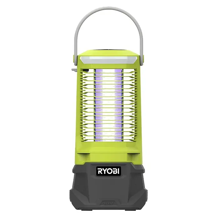 Ryobi ONE+ Insektenvernichter RY18BZA 0 - 18 V, Ohne Akku, Wirkungsbereich: 30 m² - Bild einer tragbaren, akkubetriebenen Ryobi-Mückenlampe mit UV-Licht, gelbem Gehäuse und grauem Akkugehäuse. Ideal für Outdoor-Aktivitäten.