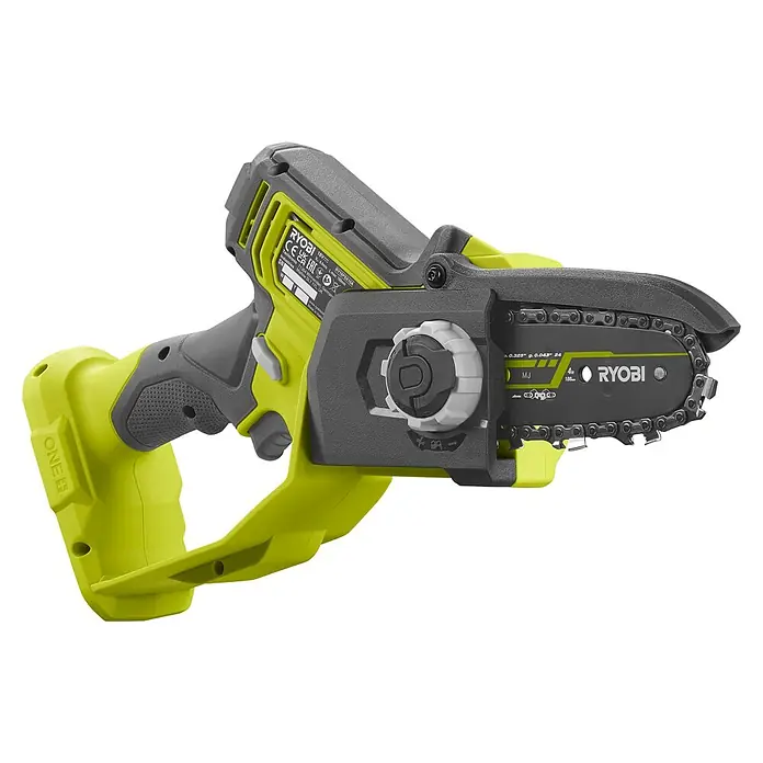 Ryobi ONE+ Akku-Astsäge RY18PSX10A-0 - 18 V, Li-Ionen, Ohne Akku, Schwertlänge: 10 cm - Eine akkubetriebene Ryobi Astsäge mit einem grauen Griff und einem gelben Gehäuse.