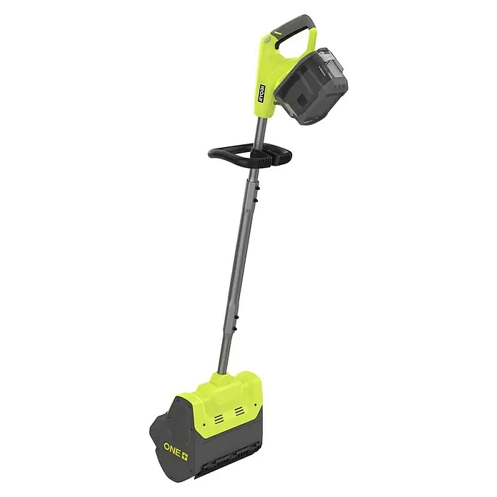 Ryobi ONE+ Akku-Schneefräse RY18ST25A-0 - 18 V, Ohne Akku, Arbeitsbreite: 25 cm - Eine gelb-graue Ryobi ONE+ Grasschere, ein akkubetriebenes Gartengerät zum mühelosen Kantenschneiden und Trimmen von Rasenflächen.