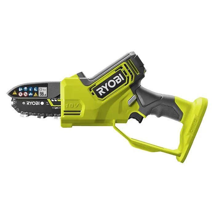 Ryobi ONE+ Akku-Astsäge RY18PSX10A-0 - 18 V, Li-Ionen, Ohne Akku, Schwertlänge: 10 cm - Abbildung einer Ryobi Akku-Kettensäge, ideal für den Baumschnitt. Kompakt, sicher und einfach zu bedienen mit ergonomischem Griff für hohen Komfort.