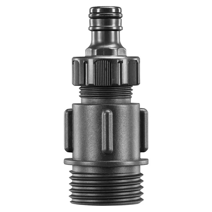 Ryobi ONE+ Akku-Regenfasspumpe RY18STPA-0 - Max. Fördermenge: 3.360 l/h - Grauer Schlauchverbinder mit Gewinde und gerändeltem Griff. Der Adapter ist für eine einfache Verbindung und sichere Befestigung konzipiert.