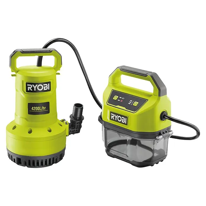 Ryobi ONE+ Schmutzwasserpumpe - Max. Fördermenge: 4.200 l/h - Das Bild zeigt eine Ryobi Tauchpumpe und eine Schmutzwasserpumpe, beide in Gelb und Schwarz, verbunden durch einen Schlauch.