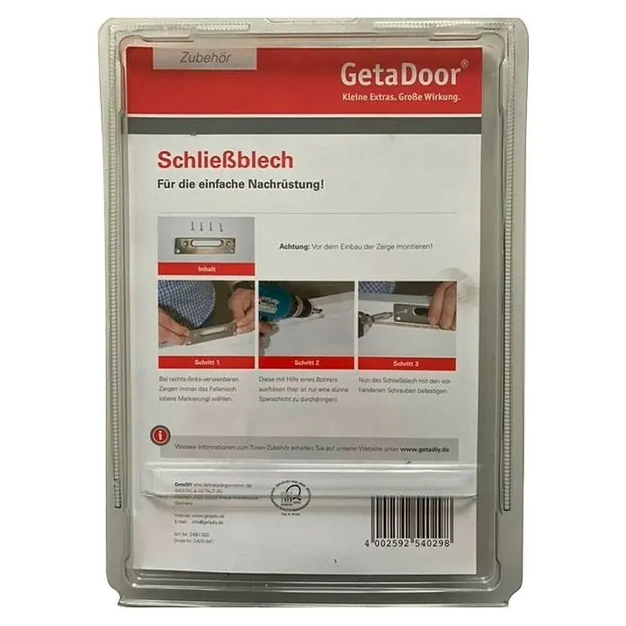 GetaDoor Zargen-Umrüst-Set GGT für Laminit Zargen - Geeignet für: Ganzglastüren, Passend für: GetaDoor Laminit Zargen, DIN Anschlag: Rechts - Packung mit einem Schließblech von GetaDoor, für die einfache Nachrüstung von Türen, mit Montageanleitung und Zubehör.