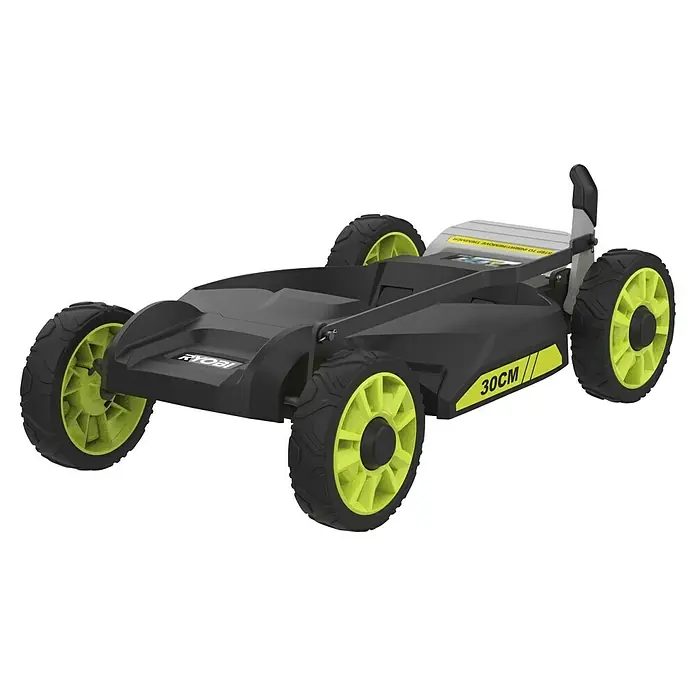 Ryobi ONE+ Akku-Rasenmäher RY18LMC30A-0 - 18 V, Ohne Akku, Schnittbreite: 30 cm - Das Bild zeigt einen Ryobi Rasentrimmer-Aufsatz mit auffälligen gelb-grünen Akzenten und robusten Reifen vor einem neutralen, schwarzen Hintergrund.