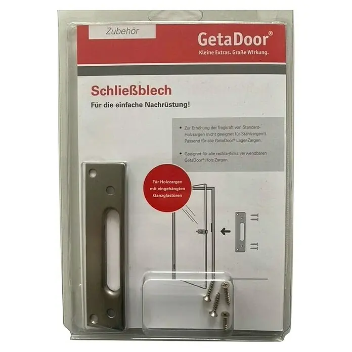 GetaDoor Zargen-Umrüst-Set GGT für Laminit Zargen - Geeignet für: Ganzglastüren, Passend für: GetaDoor Laminit Zargen, DIN Anschlag: Rechts - Hier ist eine Packung GetaDoor Schließblech, perfekt für die einfache Nachrüstung von Holzzargen mit Ganzglastüren, inklusive Schrauben.