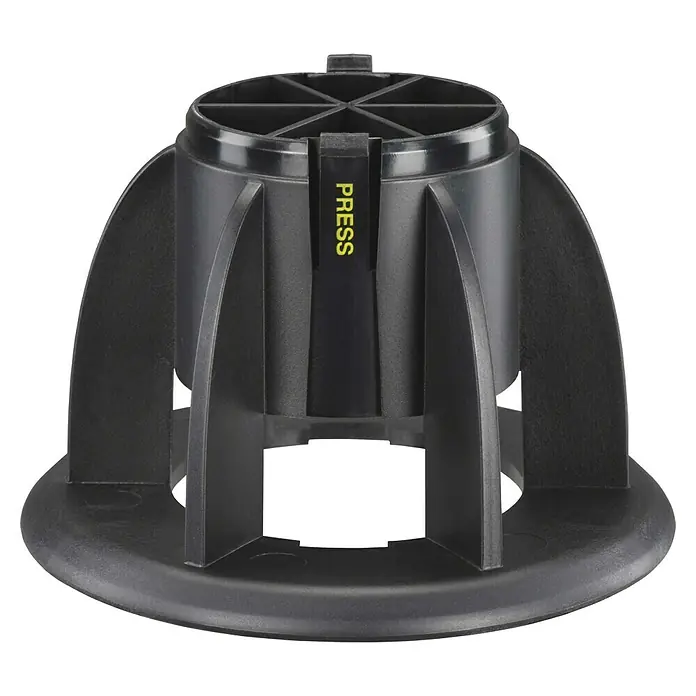Ryobi ONE+ Akku-Regenfasspumpe RY18STPA-0 - Max. Fördermenge: 3.360 l/h - Nahaufnahme eines schwarzen Fliesenkreuzes mit der Aufschrift "PRESS", das für gleichmäßige Fugenabstände beim Fliesenlegen sorgt.