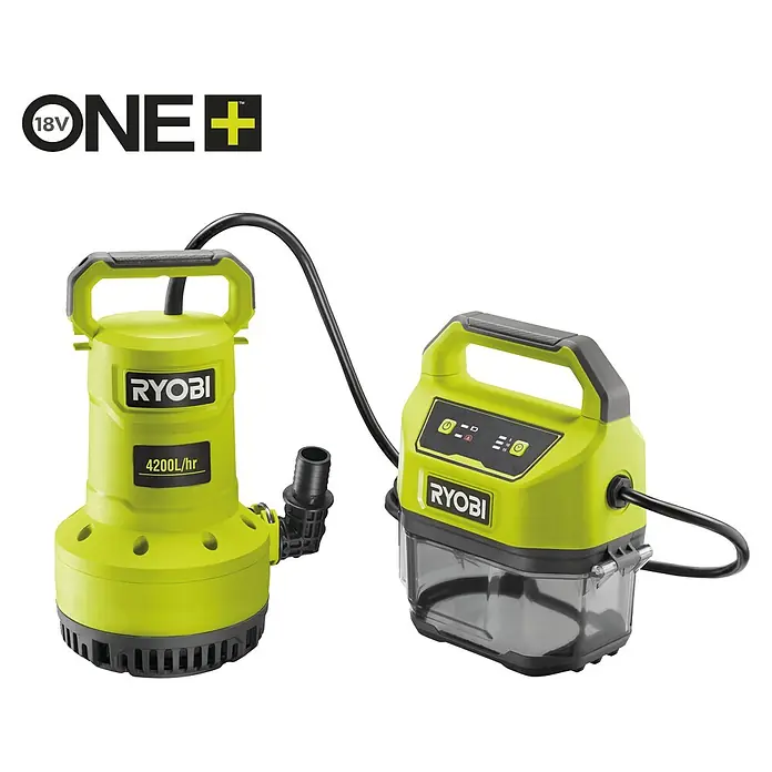 Ryobi ONE+ Schmutzwasserpumpe - Max. Fördermenge: 4.200 l/h - RYOBI ONE+ Akku-Tauchpumpe und tragbare Transferpumpe, ideal für Garten und Notfälle, mit hoher Förderleistung und einfacher Bedienung.