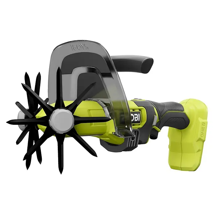 Ryobi ONE+ Akku-Bodenhacke RY18HCA-0 - 18 V, Ohne Akku - Nahaufnahme eines Ryobi ONE+ Akku-Kultivators mit schwarzen Zinken und gelbem Gehäuse, ideal für Gartenarbeiten.
