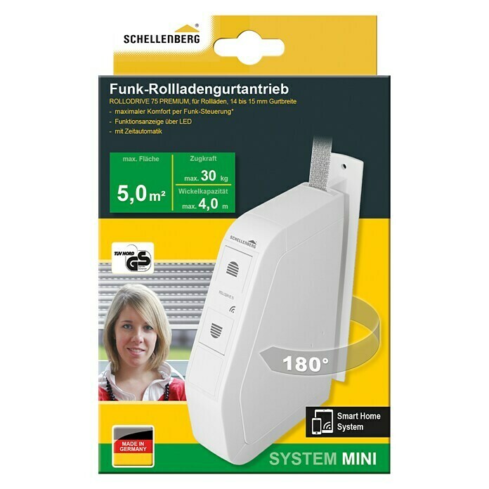 Schellenberg Funk-Rollladen-Gurtwickler Rollo Drive 75 Premium (L x B x H: 155 x 37 x 199 mm, Gurtbreite: 14 - 15 mm, Zugkraft: 30 kg, Unterstützte Systeme: Abus Smart Friends System)
