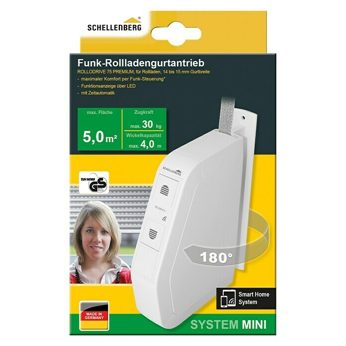 Schellenberg Funk-Rollladen-Gurtwickler Rollo Drive 75 PremiumL x B x H: 155 x 37 x 199 mm, Gurtbreite: 14 mm - 15 mm, Zugkraft: 30 kg, Unterstützte Systeme: Abus Smart Friends System Front View