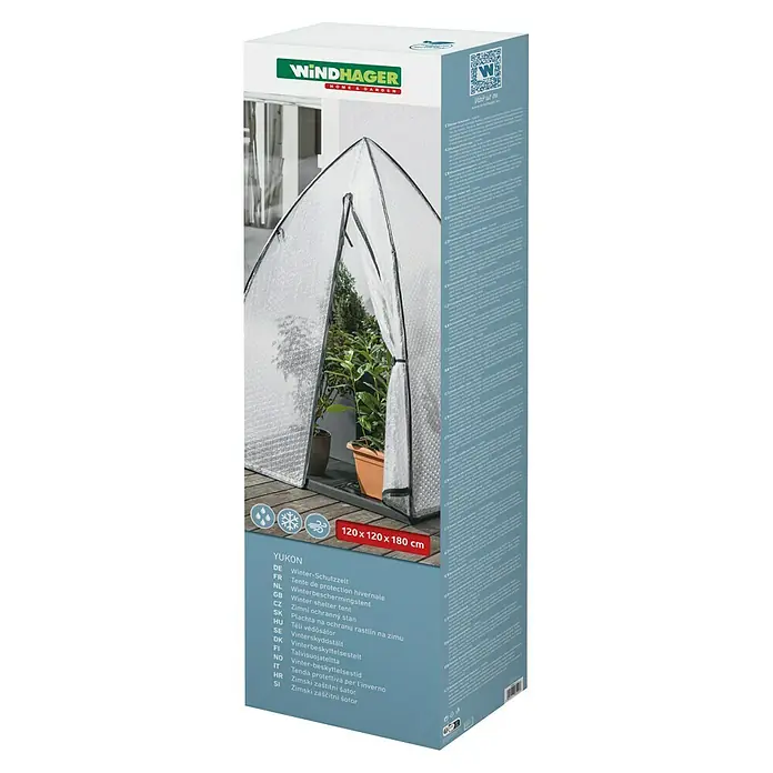 Windhager Winterschutzzelt Yukon - Luftpolsterfolie, L x B x H: 1,2 x 1,2 x 1,8 m - Produktverpackung des WINDHAGER Yukon Winter-Schutzzeltes in den Maßen 120x120x180 cm, ideal zum Schutz von Pflanzen im Winter.