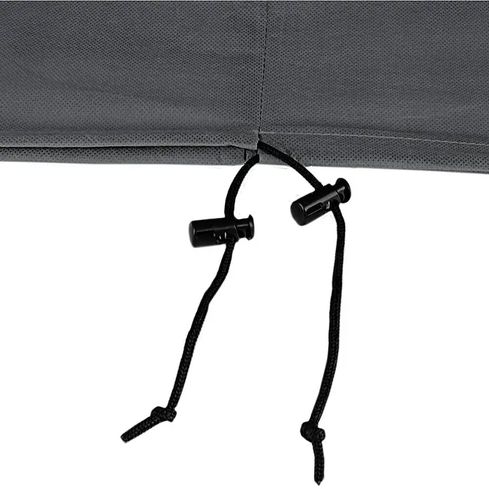 Windhager Abdeckhaube Protect - Hirsch, XXL, L x B: 1,4 x 2 m, Grau - Detailaufnahme einer grauen Abdeckung mit schwarzen Kordelzügen und Stoppern zur Befestigung und Anpassung.