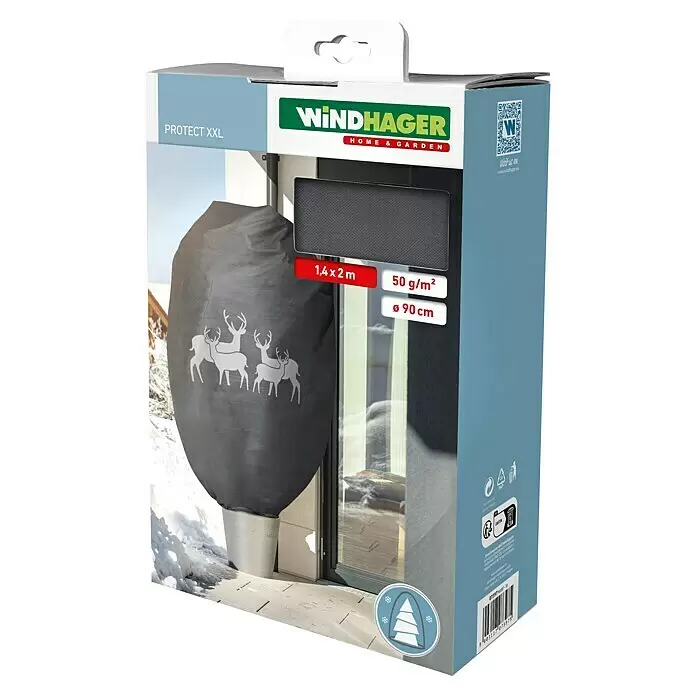 Windhager Abdeckhaube Protect - Hirsch, XXL, L x B: 1,4 x 2 m, Grau - Graue WINDHAGER PROTECT XXL Pflanzenschutzhülle in Verkaufsverpackung, mit Hirschmotiv und Maßen 1,4x2m, 50g/m², Ø 90cm.