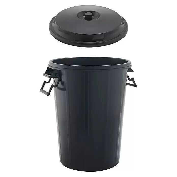 Cubo de basura empotrado con tapa - 100 l, Negro, Redonda - Cubo de basura de plástico negro con asas y tapa a juego.