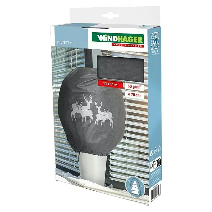 Windhager Abdeckhaube Protect - Hirsch, XL, L x B: 1,1 x 1,1 m, Grau - Graue Pflanzenschutzhülle mit Hirschmotiven bedeckt eine Topfpflanze im Schnee.