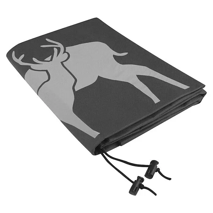 Windhager Abdeckhaube Protect - Hirsch, XXL, L x B: 1,4 x 2 m, Grau - Zusammengefaltete dunkelgraue Matte mit hellgrauem Hirschmotiv und schwarzen Zugbändern.
