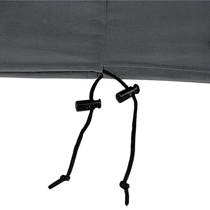 Windhager Abdeckhaube Protect - Vögel, XL, L x B: 1,1 x 1,1 m, Grau - Detailansicht einer grauen Schutzhülle mit schwarzen Kordelzügen und Stoppern, die zur Befestigung und Anpassung dienen.