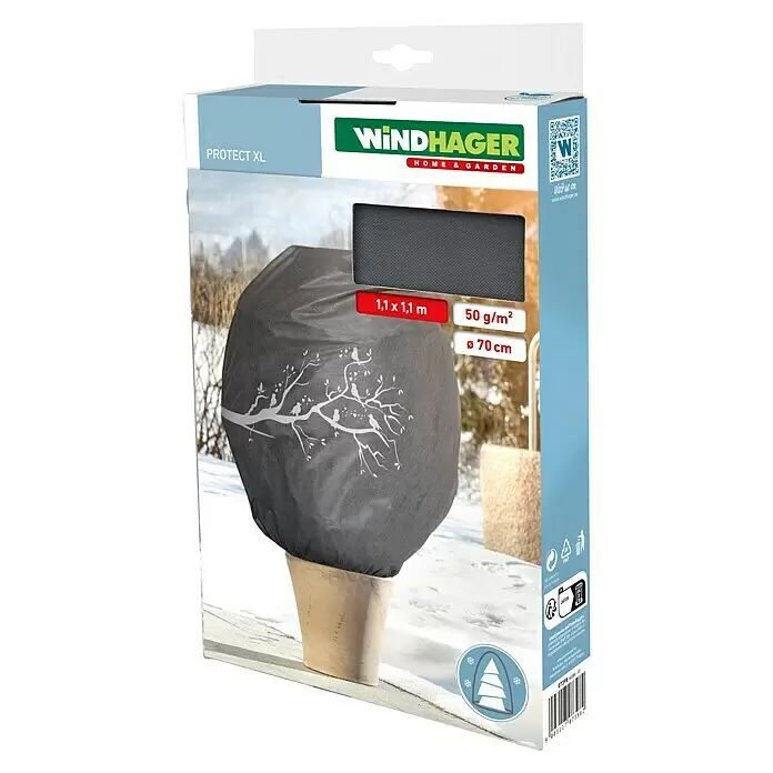 Windhager Abdeckhaube Protect - Vögel, XL, L x B: 1,1 x 1,1 m, Grau - Graue Pflanzenschutzhülle mit weißem Baum- und Vogelmotiv, schützt Topfpflanze im verschneiten Garten.
