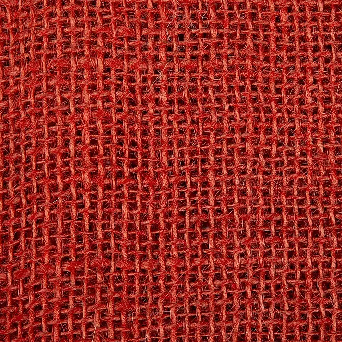Windhager Jute-Gewebematte - Rot, L x B: 1 x 4 m, 200 g/m² - Detailaufnahme von rotem Sackleinenstoff. Die Textur zeigt ein grobes, gewebtes Muster mit feinen Fasern, ideal für rustikale Designs.