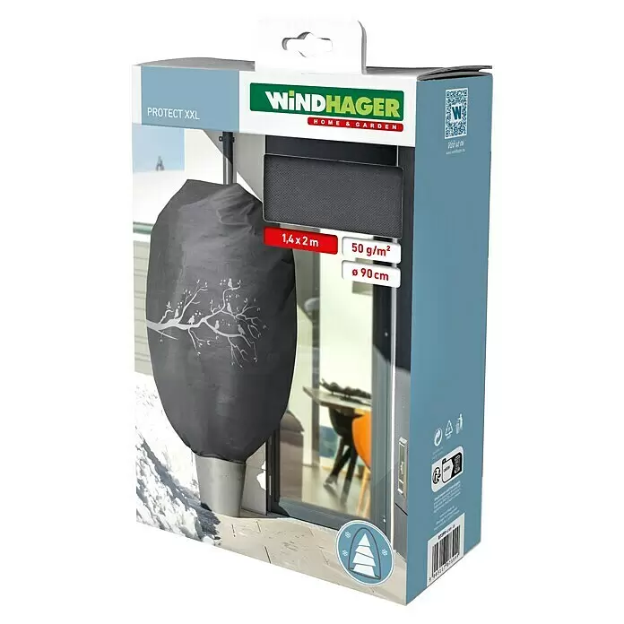 Windhager Abdeckhaube Protect - Vogel, XXL, L x B: 1,4 x 2 m, Grau - Dunkelgrauer WINDHAGER PROTECT XXL Winterschutz für Pflanzen mit Baumdesign, in Verpackung mit Produktinfos.